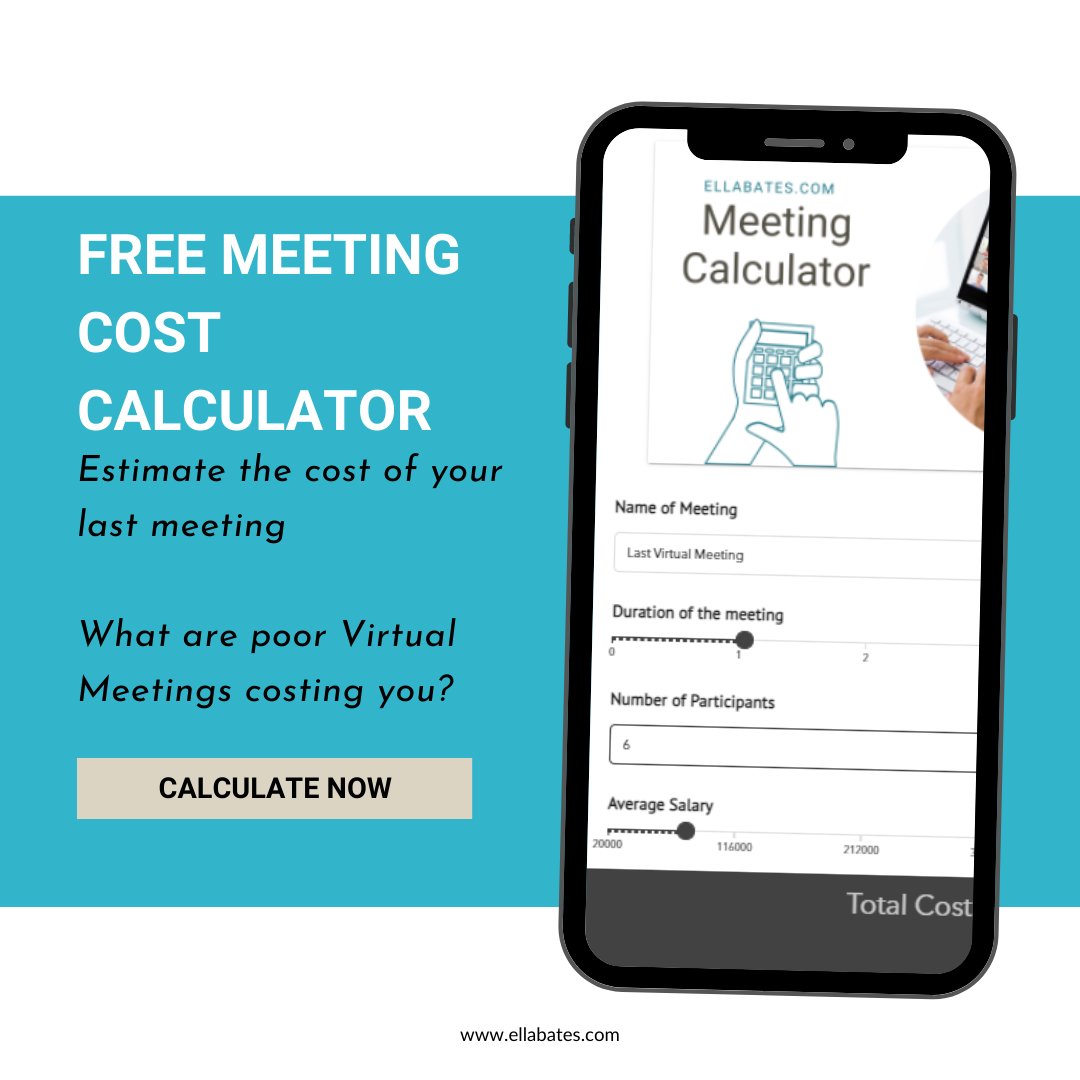 itsellabates's tweet photo. Are all your virtual meetings * Outcome Focused * Engaging and Interactive and Super Productive?  Take a look at the monetary value of your last meeting with our FREE Calculator!

https://t.co/JICtUcsk1s

#hr #leader #leadership #meeting #freebie #leadershipdevelopment #training https://t.co/CT3blZlnJN
