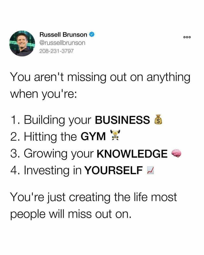 Reposted from <a href="/russellbrunson/">Russell Brunson</a>⠀
---⠀
You aren’t missing out on anything when you’re focused on doing what’s best for you… Because that is what’s going to help you get to that next level that most people may never see…⠀
⠀
My advice to you is don’t … instagr.am/p/CVNWW5BsxpM/