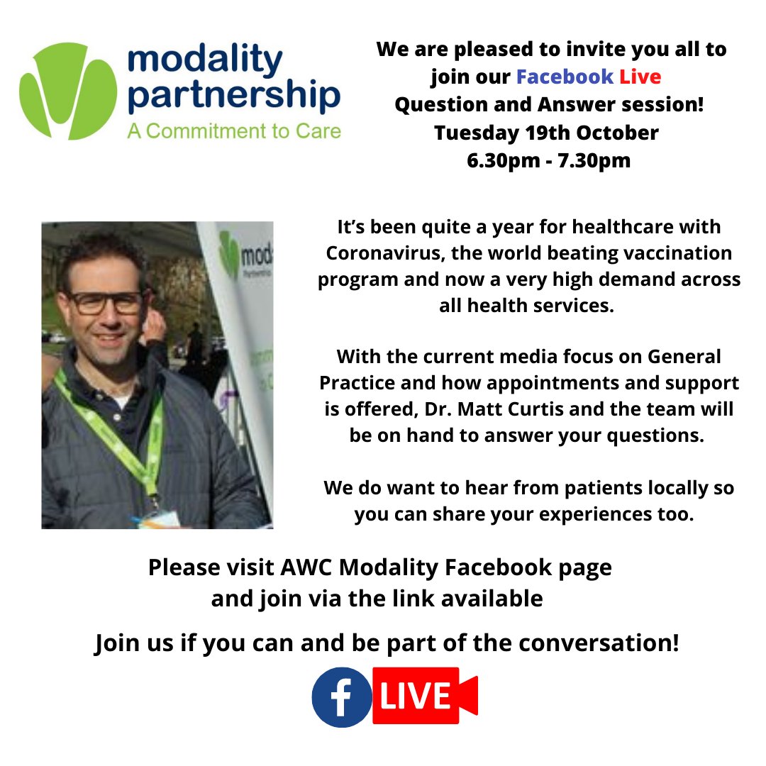 AwcModality's tweet photo. Don't forget to join us this evening for Facebook Live!
Dr Matt Curtis and the team with be available this evening to answer all your questions. We would like to hear of your experiences so please come join us!
#FacebookLive #generalpractice #healthcare  #joinintheconversation https://t.co/6dLttcrN9I