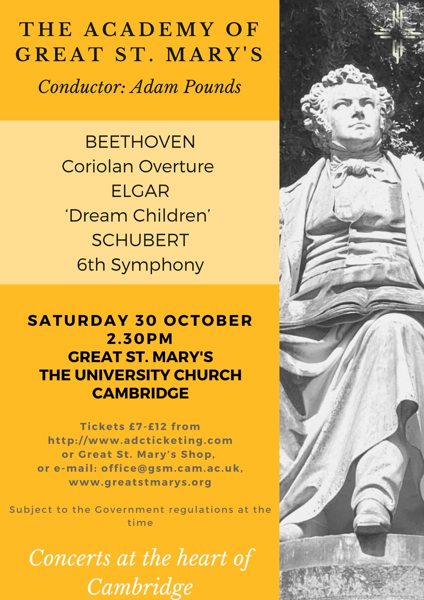 Great St Mary's, The University Church, Cambridge (@greatstmarys) on Twitter photo Only 10 days until this fantastic orchestral concert of Beethoven, Elgar, & Schubert, with the Academy of Great St Mary's. Tickets available from the shop at <a href="/GreatStMarys/">Great St Mary's, The University Church, Cambridge</a> and online from <a href="/ADCTicketing/">ADC Ticketing</a>. See you Saturday 30/10 at 2.30pm! Only 10 days until this fantastic orchestral concert of Beethoven, Elgar, & Schubert, with the Academy of Great St Mary's. Tickets available from the shop at <a href="/GreatStMarys/">Great St Mary's, The University Church, Cambridge</a> and online from <a href="/ADCTicketing/">ADC Ticketing</a>. See you Saturday 30/10 at 2.30pm!