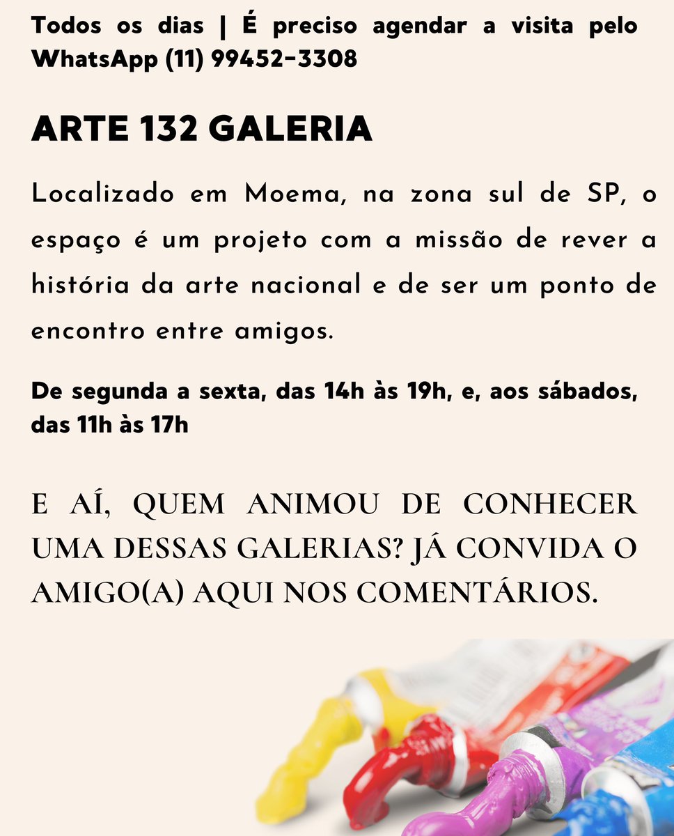 visitesaopaulo's tweet photo. Ei, você já sabe que a gente curte falar sobre arte por aqui, né? 🎨
Então vamos conhecer algumas galerias novas que abriram em SP e conferir um pouco do que rola por lá?!
Não esquece de convidar um amigo(a) nesse post para já agitar a programação do final de semana!
#visitesp https://t.co/0ryw45RJje
