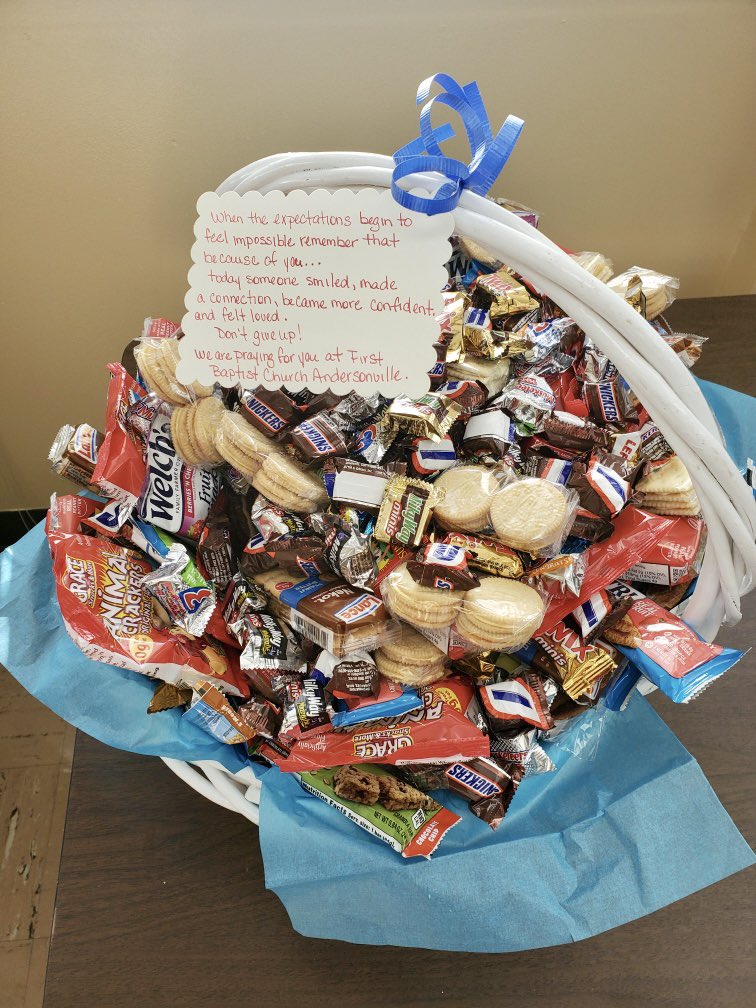 We were so excited to see our students back today &amp; then we we were excited to see this in our teachers’ lounge!  Thank you to First Baptist Church of Andersonville for this amazingly yummy basket of goodies! We are so blessed to have you in our community. ❤️