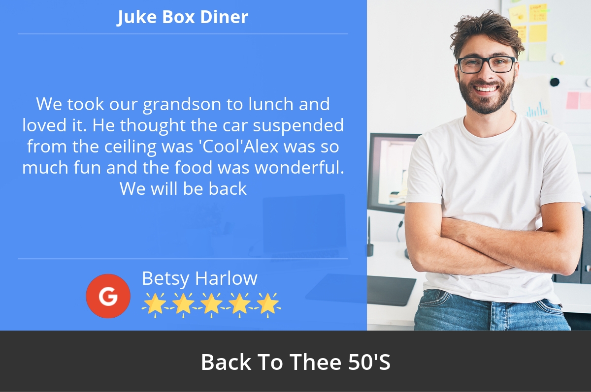 JukeBoxDiner's tweet photo. 4 Star: Betsy H. "We took our grandson to lunch and loved it. He thought the car suspended from the ceiling was..." https://t.co/UyDhQ4oaJf https://t.co/3ZeTLgu9HG