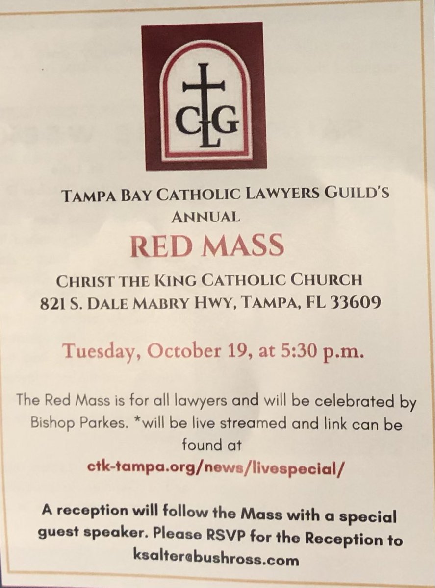 The annual Red Mass in Tampa is this evening. <a href="/HCBATampaBay/">HCBA</a> <a href="/tampabaybba/">tampabaybba</a> <a href="/FlaBizLaw/">Business Law Section</a>