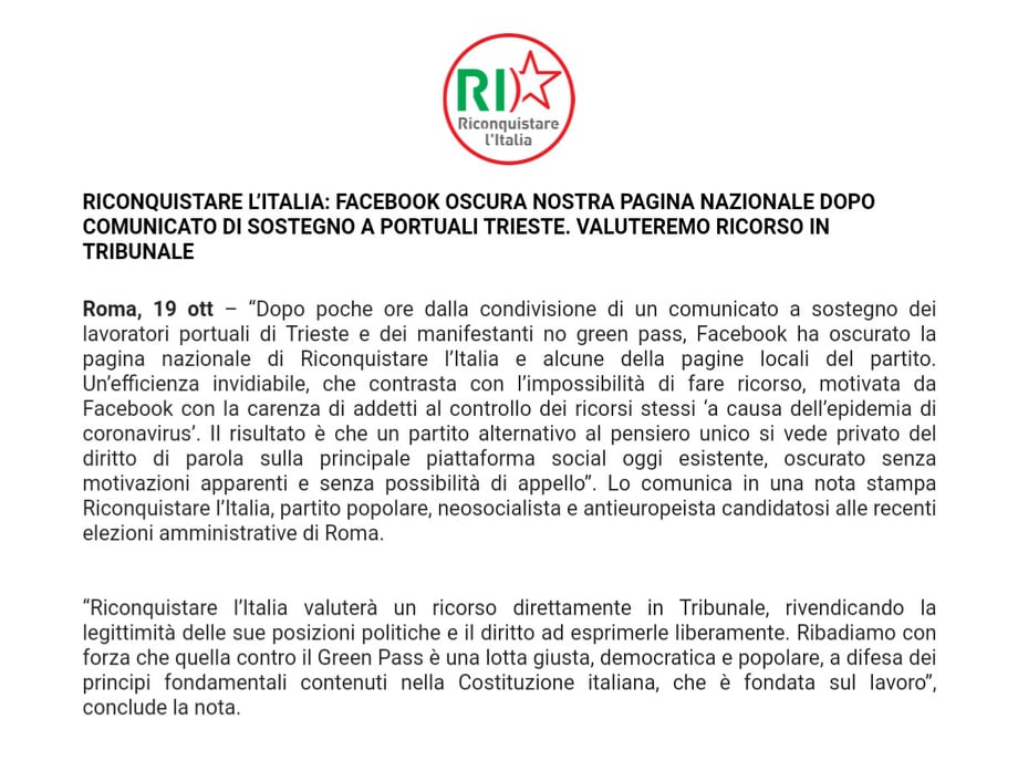 riconquistareIT's tweet photo. ++ COMUNICATO STAMPA ++

#CensuraRI https://t.co/3p65Fm8yum