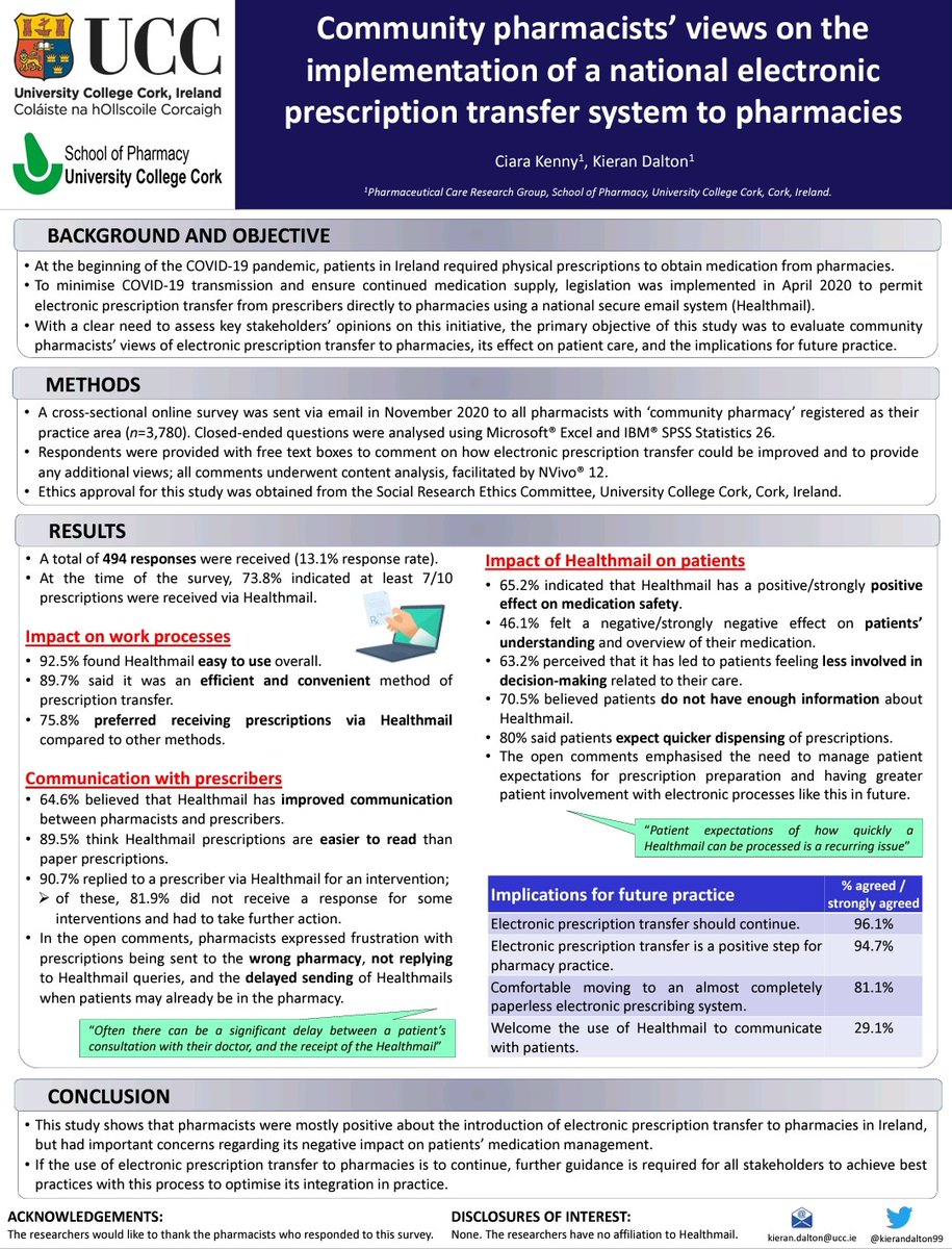 kierandalton99's tweet photo. Great to see this #research by @Pharmacy_UCC student Ciara Kenny presented at the @ESCPNews #conference

With electronic prescription transfer to pharmacies permitted in #Ireland early in the #COVID19 pandemic, these #pharmacist views pose important considerations for the future! https://t.co/UgqDvyddqT