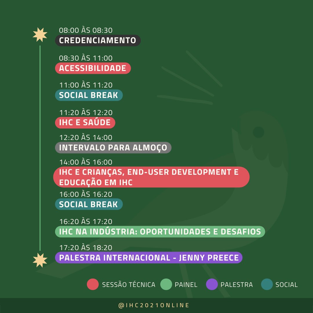 Olha só o que o sabiá vai trazer nesta terça 👀

Veja os detalhes no site:
ihc.sbc.org.br/programa/