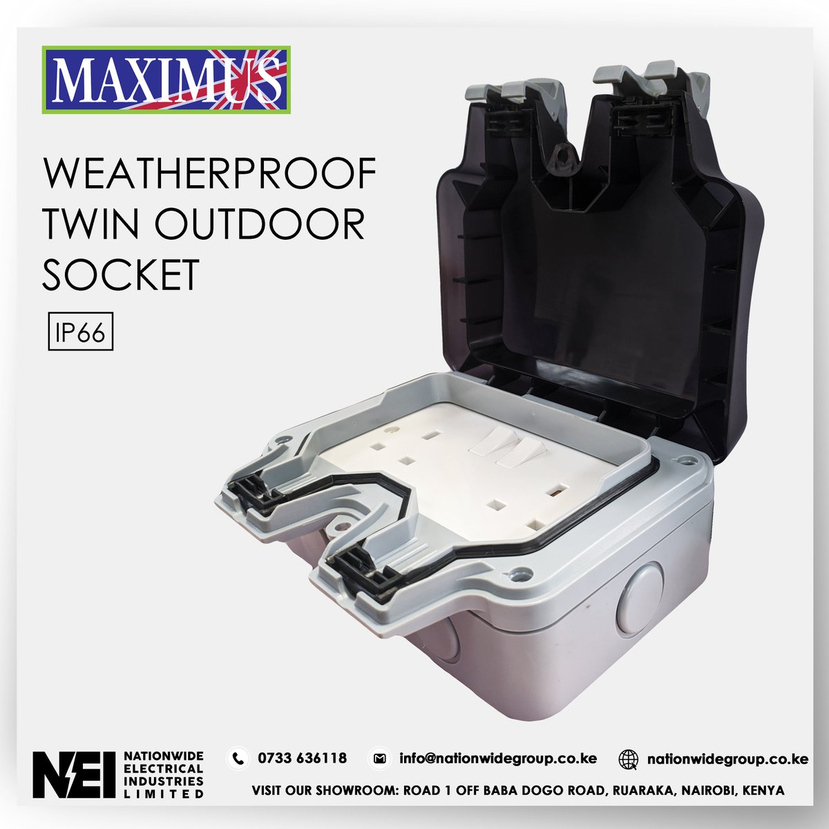 Nationwide_KE's tweet photo. Our Maximus Weatherproof Switches &amp; Sockets provide both a safe and convenient power point for your outdoor equipment. Featuring IP66 water and dust resistance, the switches and sockets are easily protected by the elements.
Contact us now for more information:
📞  0733636118 https://t.co/F5WCizSEgT