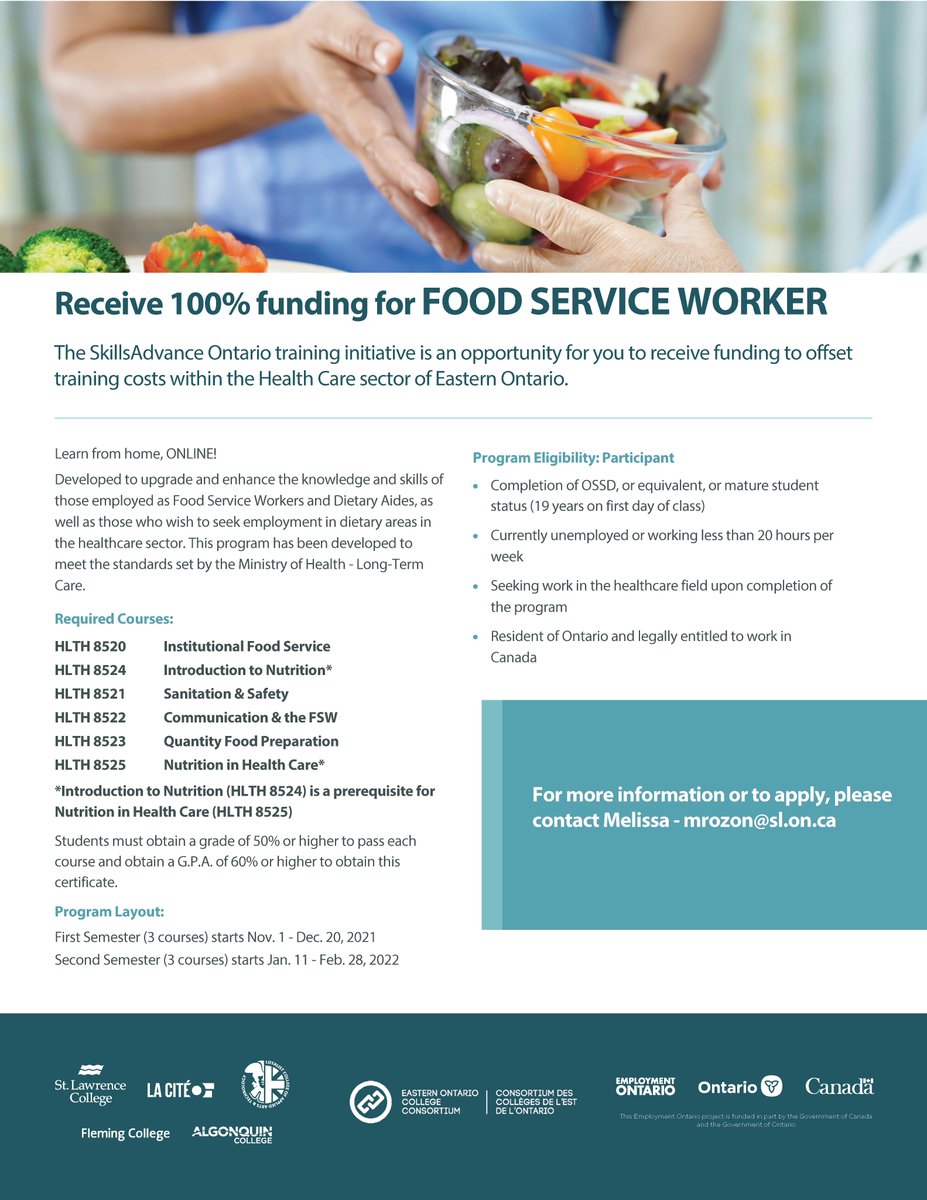 SLCCLPI's tweet image. Food Service Worker training – Starting on November 1st
Great opportunity if you are seeking employment in dietary areas in the healthcare sector.
Opportunity to receive 100% funding. 
For more information or to apply, please contact Melissa - mrozon@sl.on.ca
