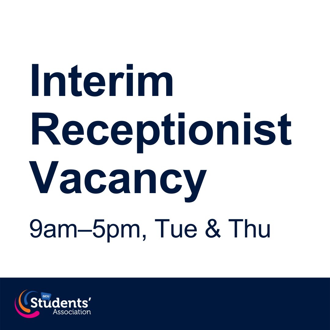 GCUstudents's tweet photo. We're looking for a #GCUstudent with previous involvement in the Students' Association to cover our Welcome Desk in the SA Building.
▪️9am–5pm, Tue & Thu 'til end of Nov 2021
▪️£9.50/hr
▪️Training provided this Wed, Thu or Fri
▪️Email chief.executive@GCUstudents.co.uk to apply. https://t.co/XTsRt8NJub