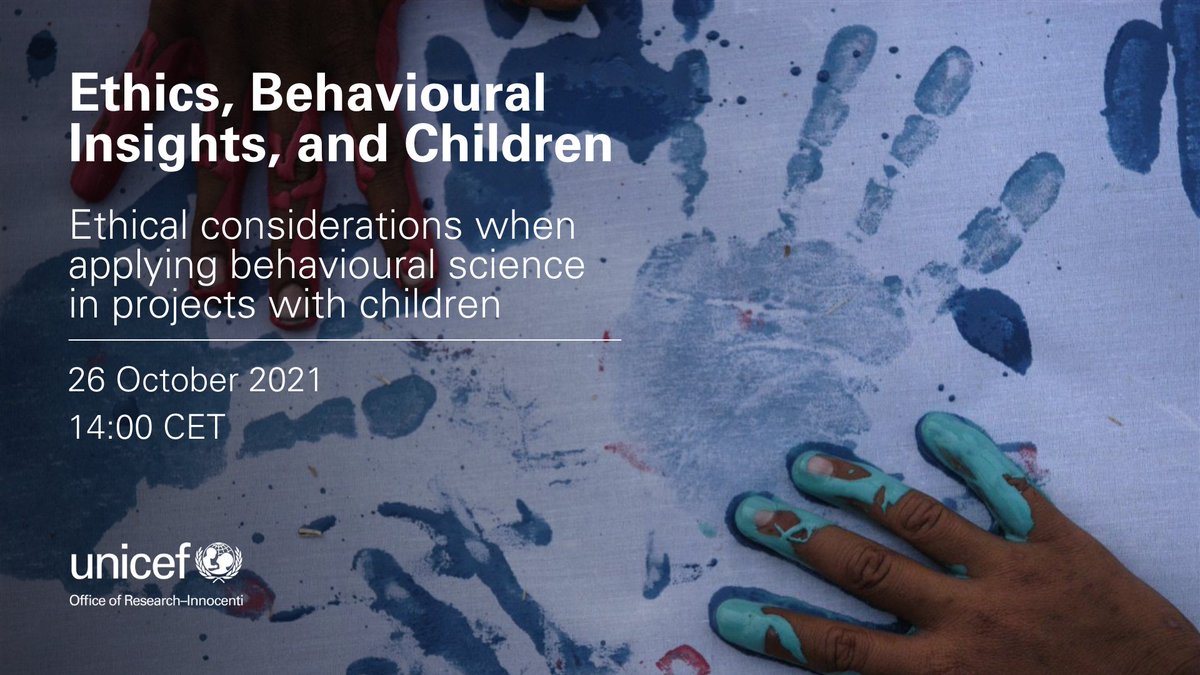 NEXT WEEK: Join us for our first-ever #webinar on #Ethics, #BehaviouralInsights and children - mailchi.mp/unicef-irc/26-… With speakers including: @bhickler @Mary_MacLennan @LiamDelaney2020 #BeSci @B_I_Tweets @BITAmericas @BSci_collective @LSEBehavioural @UN_BeSci