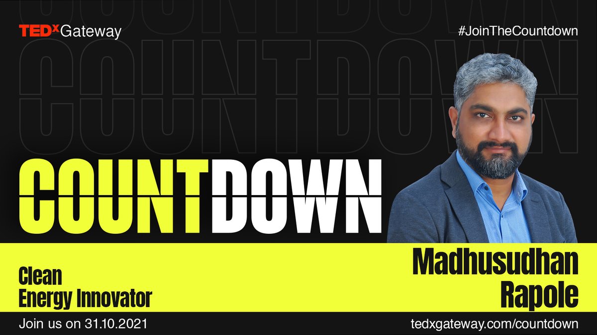 #JoinTheCountdown
Mr. Madhusudhan Rapole is the Founder &amp; MD of Oorja Energy. His expertise is in cleantech heating, cooling and ventilation solutions.

Join him at the TEDxGateway Climate Conference. 

Sign Up: tedxgateway.com/twcc/

<a href="/flameoftruth/">@flameoftruth</a> <a href="/MahaEnvCC/">Climate Radio</a> <a href="/rapole/">Madhusudhan Rapole</a>