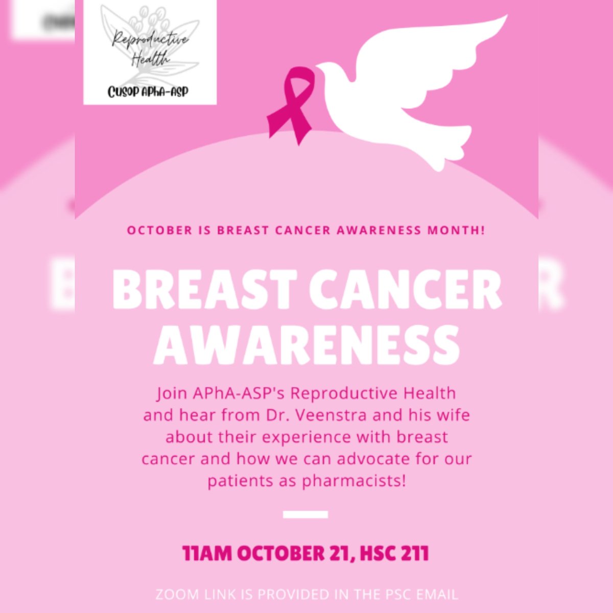 CUAPhAASP's tweet photo. Join our Reproductive Health team this Friday, October 21st in HSC 211 for an event on breast cancer awareness! Zoom information is available in the PSC email! #CUPharm #APhA #BreastCancerAwareness https://t.co/FqlJoMDJvv