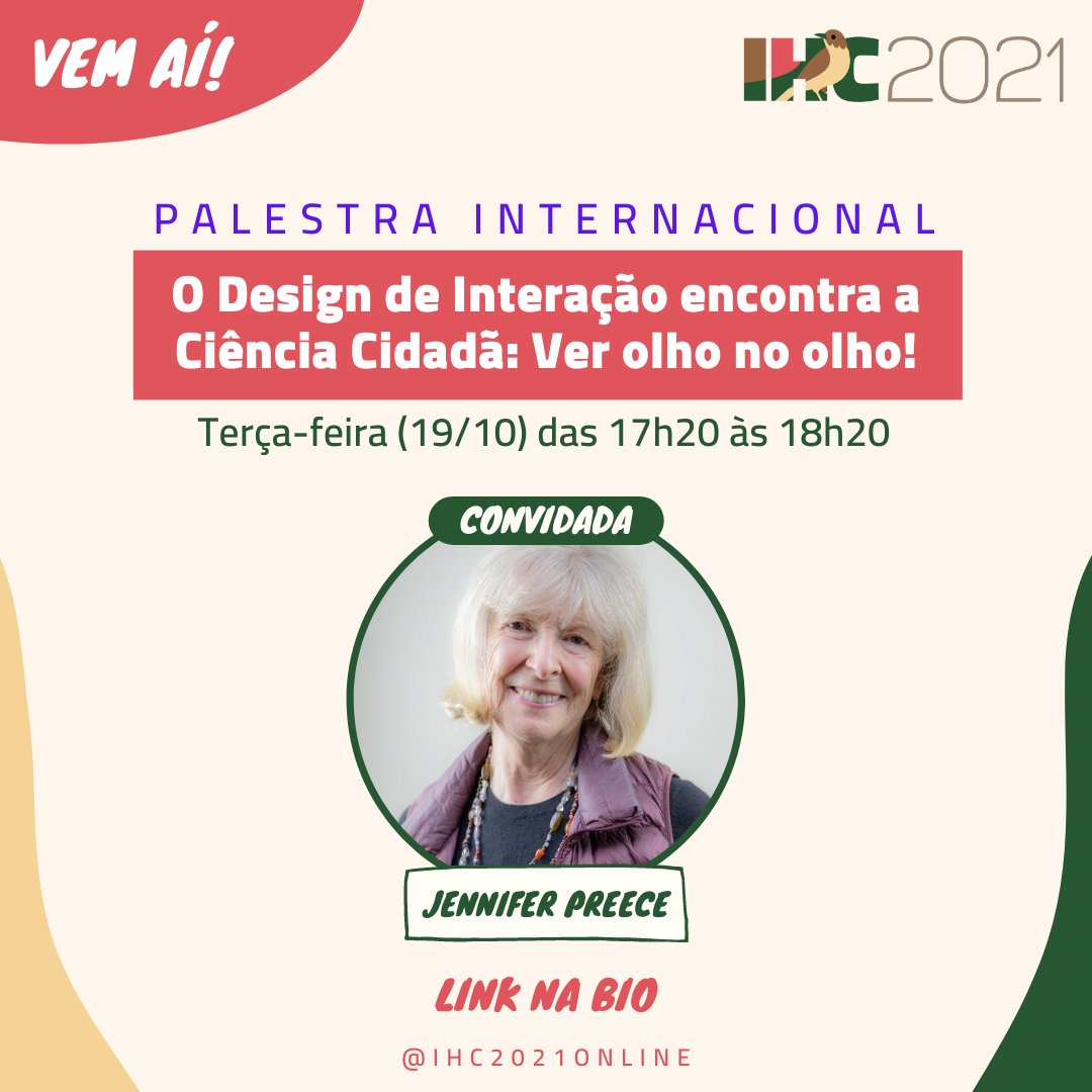 É HOJE!!! 
Jennifer Preece no IHC, 20 anos depois!
Vai ser demais, minha gente!

A palestra também será transmitida no Youtube:
- vídeo da palestra original: youtu.be/YKYydgNeDUE
- vídeo da tradução simultânea: youtu.be/NmjCvNfQSys