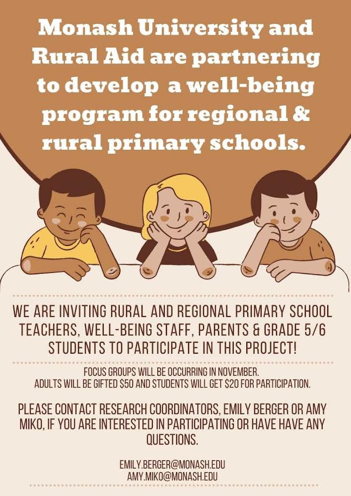 Kelly-Ann Allen, PhD FAPS (@drkellyallen) on Twitter photo Join Monash Uni & Rural Aid’s project designing a wellbeing program for Australia’s regional & rural primary school students. #teachertwitter #edchat <a href="/DrEmilyBerger/">Emily Berger (she/her)</a>
Parent/Student monash.az1.qualtrics.com/jfe/form/SV_do…
School Staff monash.az1.qualtrics.com/jfe/form/SV_5n… #aussieed Join Monash Uni & Rural Aid’s project designing a wellbeing program for Australia’s regional & rural primary school students. #teachertwitter #edchat <a href="/DrEmilyBerger/">Emily Berger (she/her)</a>
Parent/Student monash.az1.qualtrics.com/jfe/form/SV_do…
School Staff monash.az1.qualtrics.com/jfe/form/SV_5n… #aussieed