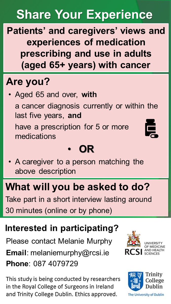 MelanieMurphy_1's tweet photo. Call for participants!
 
Researchers in @RCSI and @tcddublin are looking for adults aged 65yrs+ with a history of cancer and caregivers to take part in a short interview about the use of medicines.

If you live in Ireland and are interested, please get in touch.

Please RT https://t.co/pYipREwYdR