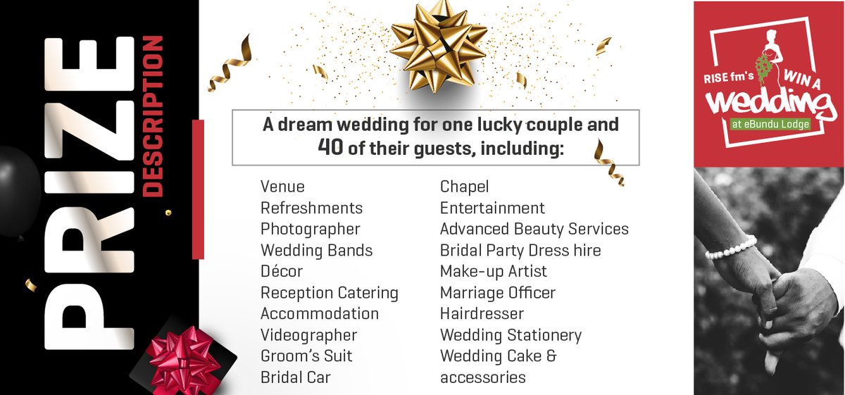 RISEfm943's tweet photo. Need some help to make your wedding dreams come true in 2021? Check out https://t.co/LVIdjg3NLV for all the details on RISE fm's Win a Wedding at @ebundulodge Competition ... entries close this Friday 18h00! #WinAWedding https://t.co/AgU4Fu2HJQ