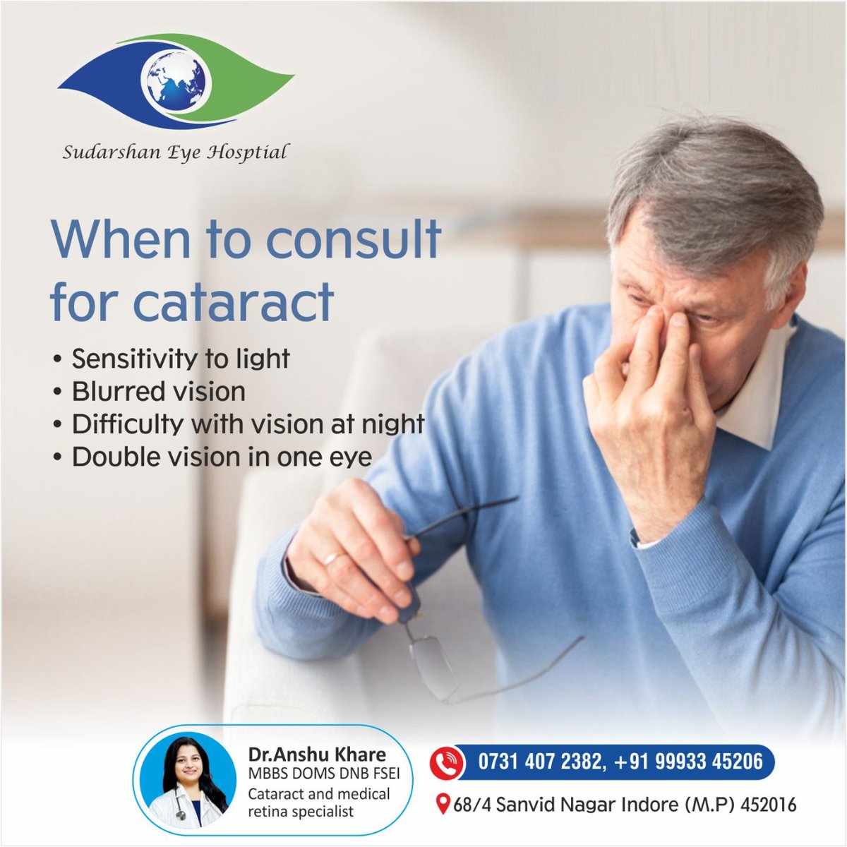 Better vision is all we want! If you are facing any difficulty with your eyes, get in touch with us! We are here to help you &amp; ensure that your eyes are safe.
Get connected today!

#Sudarshaneyecare #eyeclinic #indore
#eyecare #eyesurgery #eyehealth #cataract #cataractsurgery