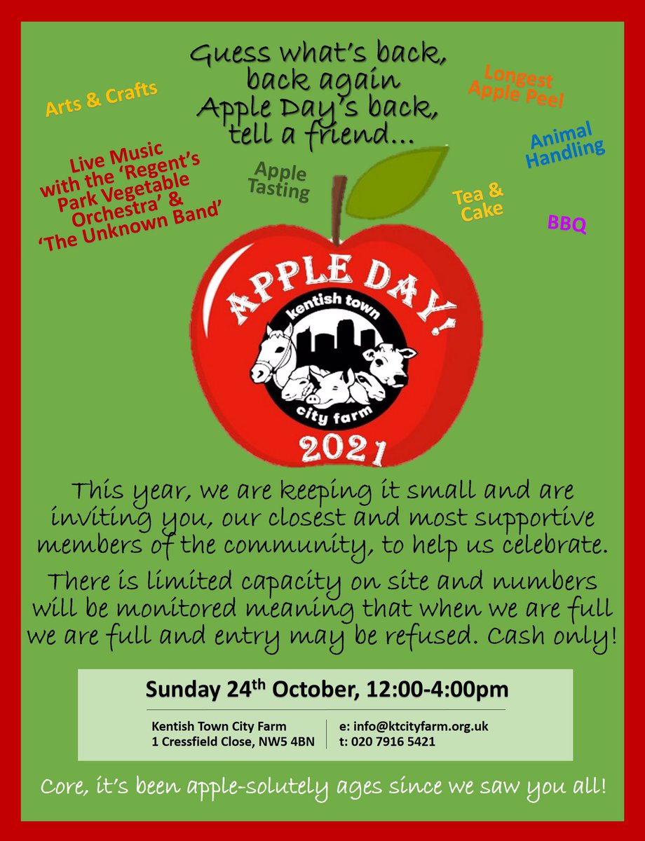 KTCityFarm's tweet photo. IT’S BACK!🍎🍏We’re thrilled to announce details of our first (test) event since 2019! Safety is key so pls bear with,but we’d love to see as many of you as possible😍Food,fun,music, stalls &amp; of course our gorgeous animals. And APPLES…tons of ‘em!🍎🍏Bring cash &amp; smiles #weekend https://t.co/nnS9VVGTzo