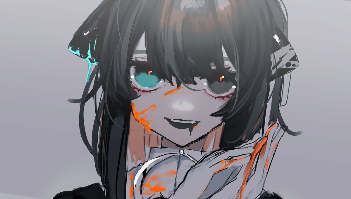 1girl solo blood heterochromia looking at viewer grey background blood on face  illustration images