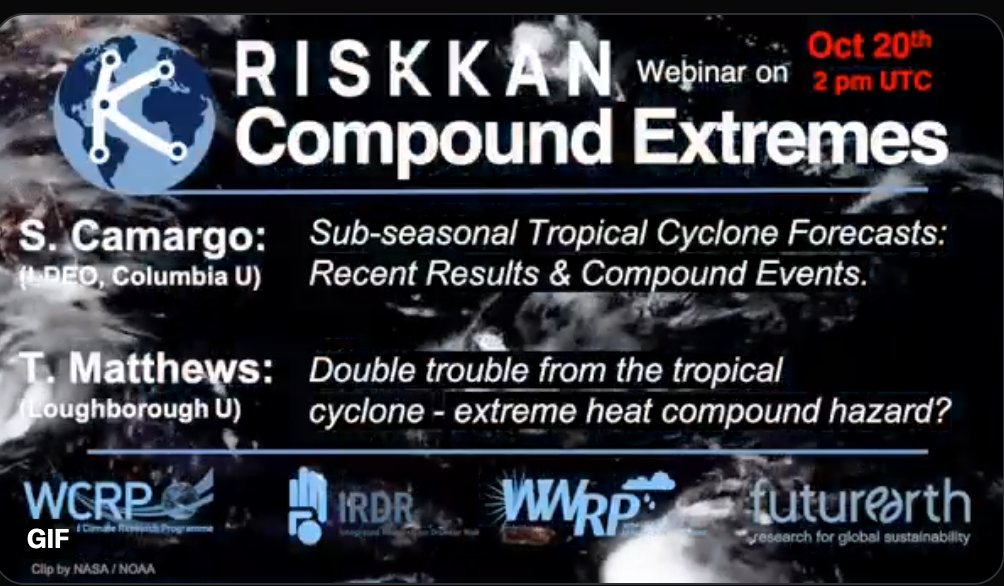 kan_risk's tweet image. Tomorrow, Oct. 20 2 PM UTC - our next working group webinar. Join our Compound Extremes WG @KKornhuber @regclimo when they discuss with @SCamargo and @TkrMatthews86 about #CompoundExtremes &amp;amp; Tropical Cyclones. For more visit risk-kan.org/news/