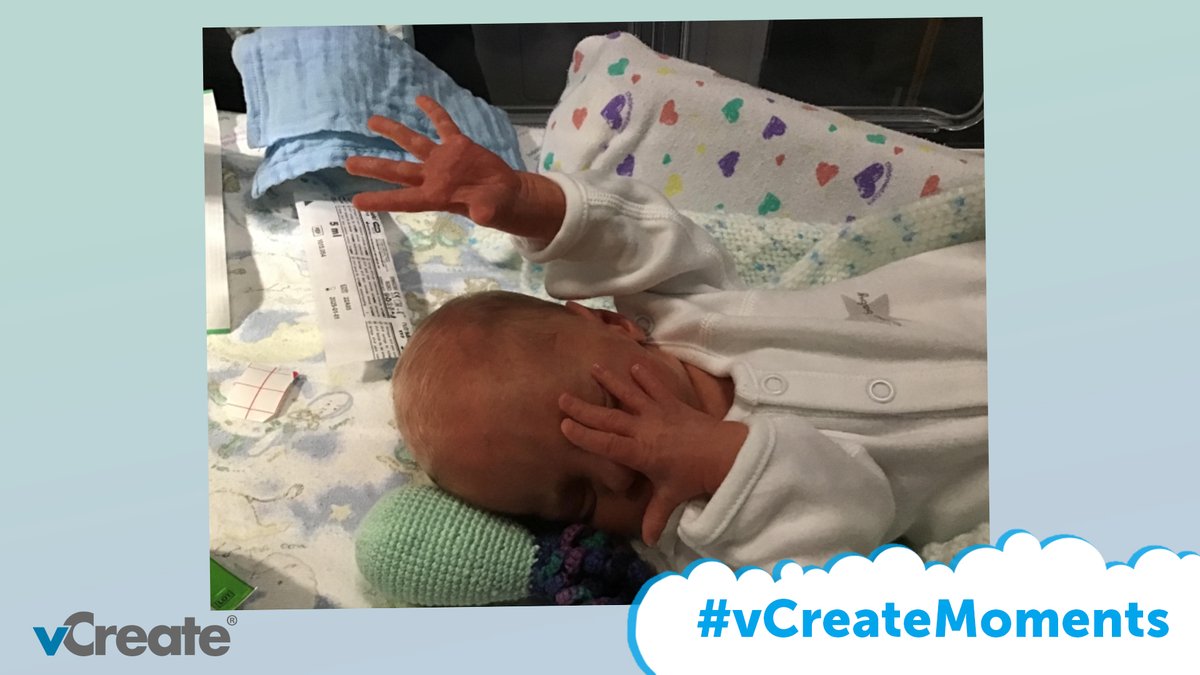 vCreateNICU's tweet photo. This is Phoebe's favourite #vCreateMoment of her son Dennie. "When I received an update, my heart would pump 10x faster. I was always excited to see what he was up to. This picture came through with the message 'Hands up who pulled their tube out again!' It made us all laugh!" 😍 https://t.co/EukLKcv1CB
