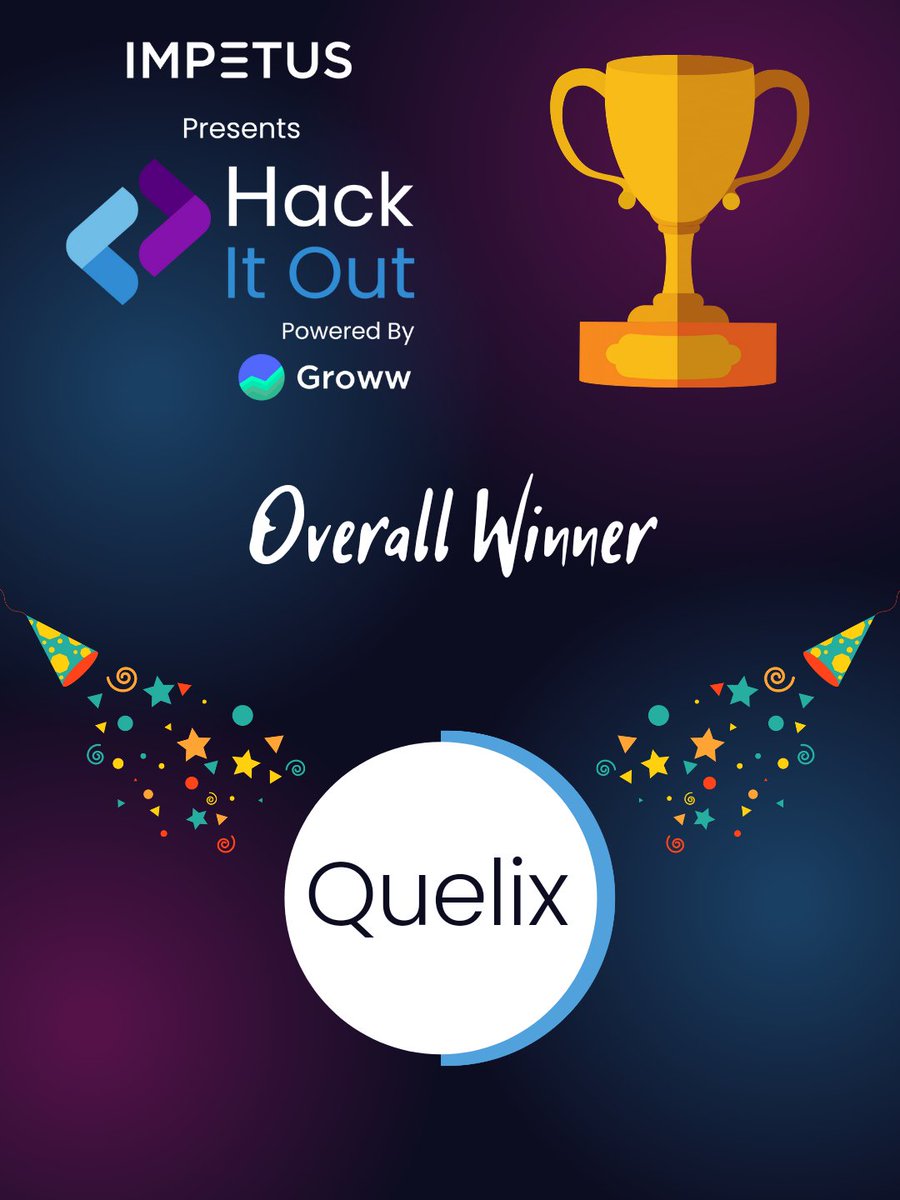 computerclub90's tweet photo. We’re excited to share the final results of our massive event Hack It Out. 🏆

🥇Overall winning team: Quelix
🥈Overall Runners-up Team- ScaNet 
🥉Overall Second Runners-up Team - Vizi Learn
Congratulations to the winners and all participants of Impetus presents HackItOut!! 🎉 https://t.co/vqILaHrnrH