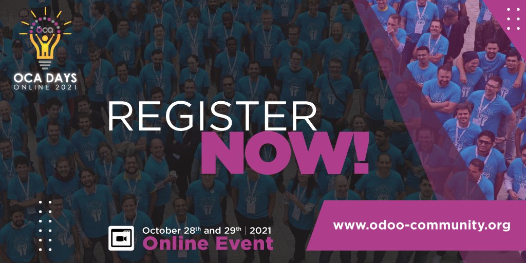 OdooCommunity's tweet photo. The schedule for #OCADays2021 is shaping up:
https://t.co/i9wMOKikBZ

Have you registered?
https://t.co/53ZjIg6uBW

#odoocommunity #oca https://t.co/Ar9lwXezsL