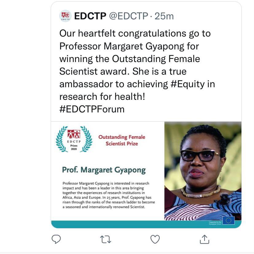 MissSemabia's tweet photo. Congratulations to my mentor for winning the award! You deserve it many times over!!! Very very proud of this wonderful woman!!! @MargaretGyapong @UHASGhana @UHAS_IHR https://t.co/IjBL7HYTyJ