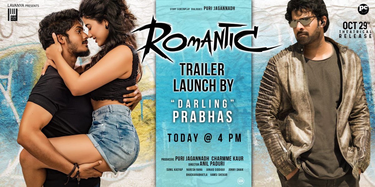 PAN INDIA 🌟 #Prabhas to Unveil the 
#Romantic Trailer today at 4 PM ⏳

Stay Tuned ✨

@ActorAkashPuri #KetikaSharma 
#Purijagannadh 
#Anilpaduri #SunilKashyap @PuriConnects #PCfilm