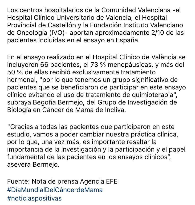 Un nuevo tratamiento evitará la quimioterapia en los pacientes con cáncer de mama.

#díamundialdelcáncerdemama