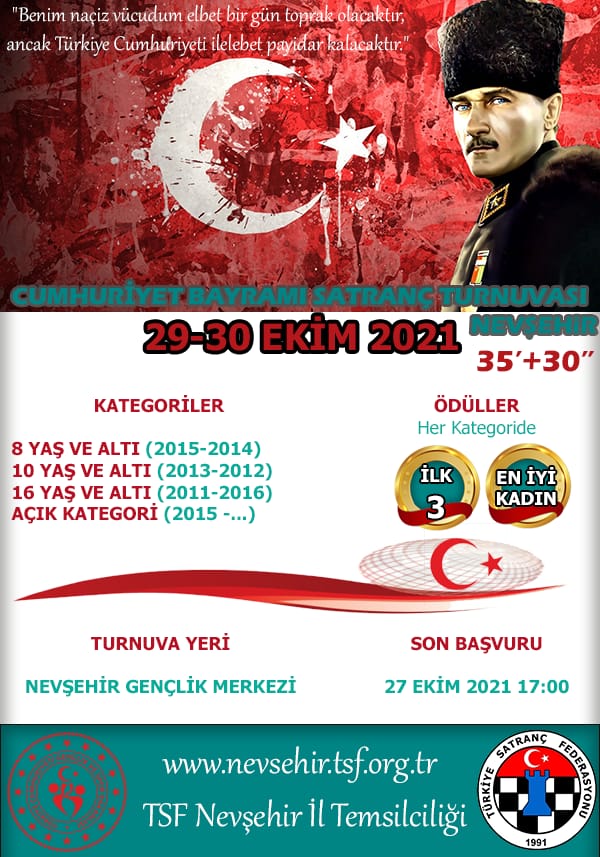 Nevşehir 29 Ekim Cumhuriyet Bayramı Satranç Turnuvası 29-30 Ekim tarihlerinde Nevşehir Gençlik Merkezi'nde yapılacaktır. Turnuva Yönergesi ve başvuru için nevsehir.tsf.org.tr