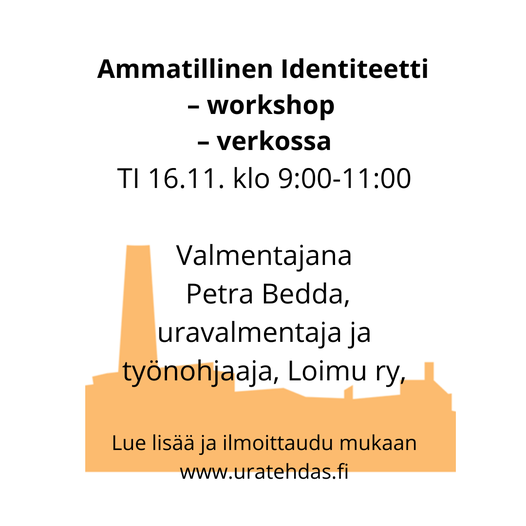 Uratehdas's tweet photo. Ammatillinen identiteetti! -workshop Uratehtaalla ti 16.11. klo 9! Valmennuksessa pureudumme ammatillisen identiteetin kirkastamiseen. Kouluttajana Petra Bedda / Loimu ry. Ilmoittaudu: https://t.co/5a1WPPMYHj

#uratehdas #työnhaku #korkeastikoulutetut #tampere #pirkanmaa https://t.co/TNQPM4KNlC