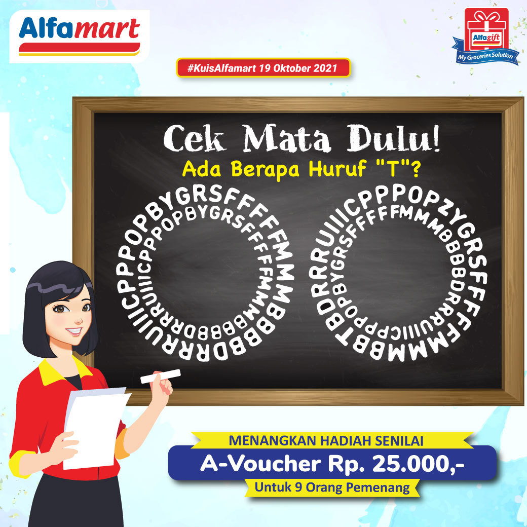 alfamart's tweet photo. Hampir seharian beraktivitas, relaks dulu yuk sambil mainkan #KuisAlfamart terbaru di hari ini.

Sekalian nih Shalma mau tes dulu ketelitian mata Sahabat, kira - kira bisa gak nih menemukan ada berapa huruf T pada gambar papan tulis berikut ini.

Jangan sampai salah jawab ya hihi https://t.co/AnoeeSJMn3