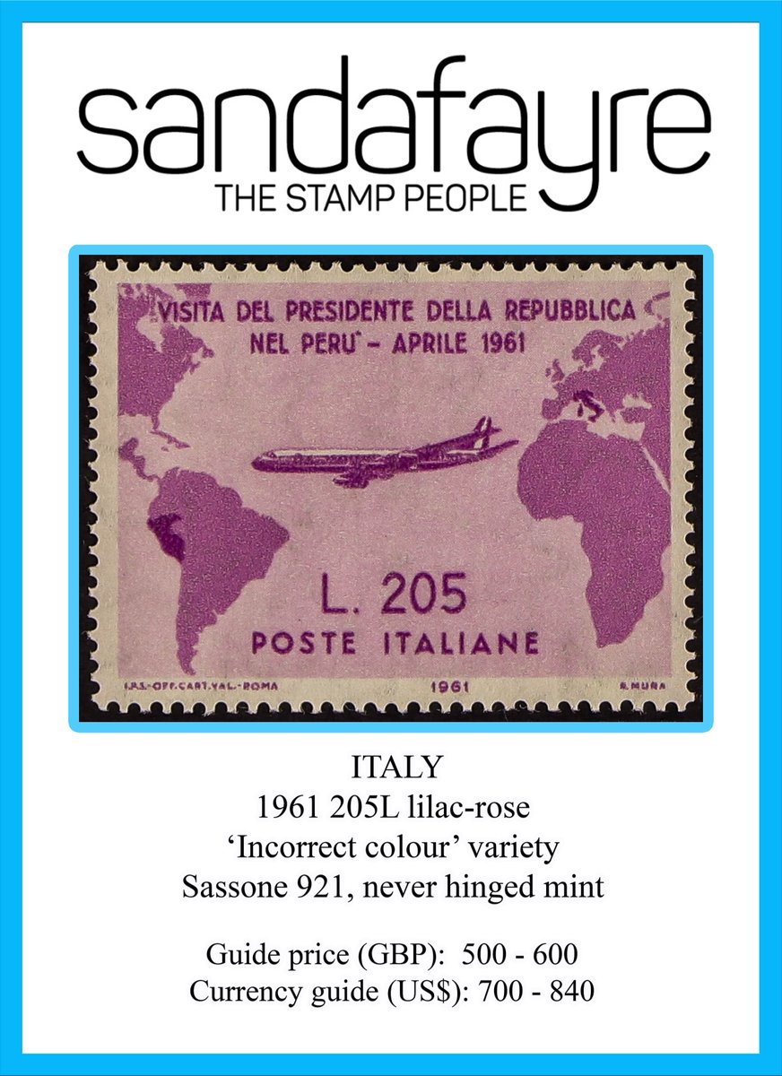 Produced to commemorate the visit of the Italian President to Peru, a MNH 1961 205L Air issue with 'printed in wrong colour' error. Available until 26th October, details at https://t.co/hPCdrQAxRq #Stamp #Auction #Sandafayre https://t.co/HTpN0mRXyI