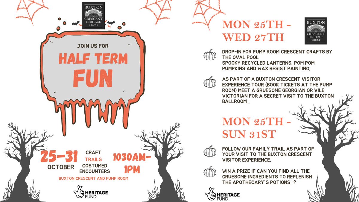 BuxCHE's tweet photo. Next week, for October Half Term, we're running some frightfully fun family activities in the #BuxtonPumpRoom and #BuxtonCrescentVisitorExperience - join us for creepy crafting, tricky trails, and costumed encounters! https://t.co/da9Vw5MPdo