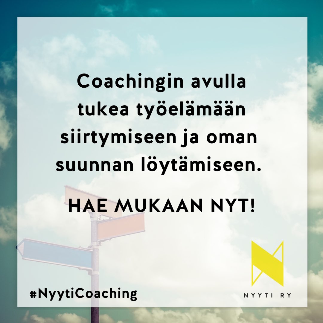 nyyti_ry's tweet photo. Opiskelija, ovatko opintosi loppusuoralla? Haluaisitko saada maksutonta coachausta työelämään siirtymiseen ja oman suunnan löytämiseen? NyytiCoachingissa tämä on mahdollista - hae mukaan nyt! 🤗 #NyytiCoaching #mielelläonväliä #omasuunta
https://t.co/iZRNbT9CZq https://t.co/UZ2k6N8M7w