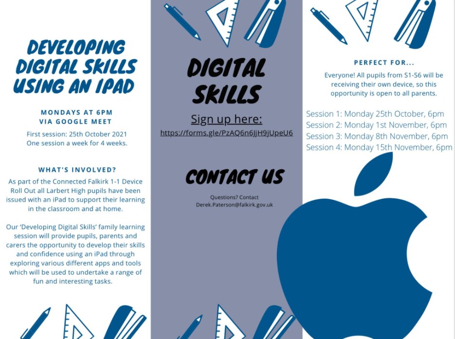 There is still time to sign up for our 'Developing Digital Skills Using An iPad' family learning programme <a href="/LarbertHigh/">Larbert High School</a>  which will start on Monday 25 October (6:00-6:45pm). Any families interested should sign up via the link below:  forms.gle/PzAQ6n6JjH9jUp…