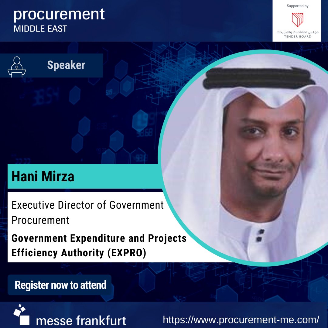 Procurement Middle East (@procurementme1) on Twitter photo Join Hani Mirza, Executive Director of Government Procurement <a href="/exproksa/">كفاءة الإنفاق والمشروعات الحكومية</a> as he casts lights on Public Procurement Transformation and the Unified Procurement during the Government Keynote session at Procurement Middle East 2021
Register Now tinyurl.com/tesusete
#ProcurementME Join Hani Mirza, Executive Director of Government Procurement <a href="/exproksa/">كفاءة الإنفاق والمشروعات الحكومية</a> as he casts lights on Public Procurement Transformation and the Unified Procurement during the Government Keynote session at Procurement Middle East 2021
Register Now tinyurl.com/tesusete
#ProcurementME
