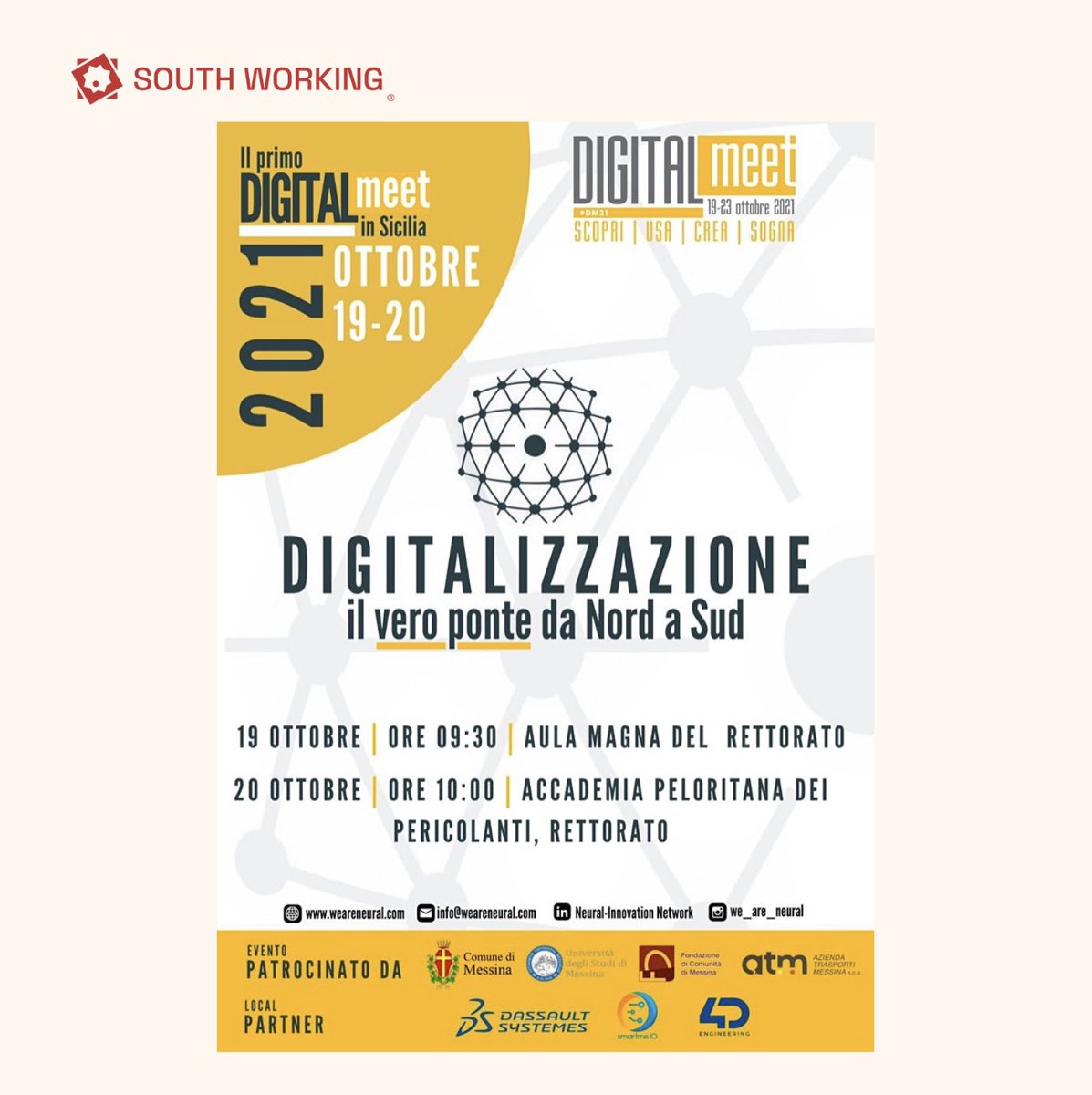 south_working's tweet photo. ⏰ Il Vice Presidente Esecutivo di South Working® @mario_mirabile prenderà parte oggi, martedì 19 ottobre, alle 12:00, al primo #DIGITALmeet Sicilia, che si svolgerà in modalità ibrida tra interventi online e in presenza nell’Aula Magna dell’Università di Messina. https://t.co/YXhDzOOQYk
