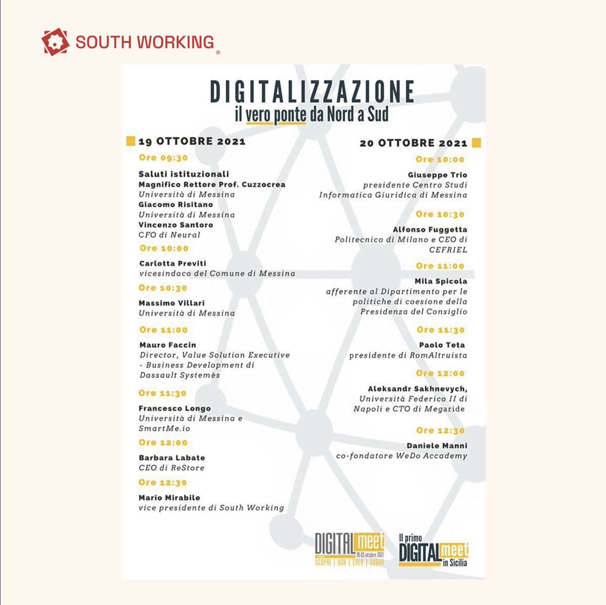 south_working's tweet photo. ⏰ Il Vice Presidente Esecutivo di South Working® @mario_mirabile prenderà parte oggi, martedì 19 ottobre, alle 12:00, al primo #DIGITALmeet Sicilia, che si svolgerà in modalità ibrida tra interventi online e in presenza nell’Aula Magna dell’Università di Messina. https://t.co/YXhDzOOQYk