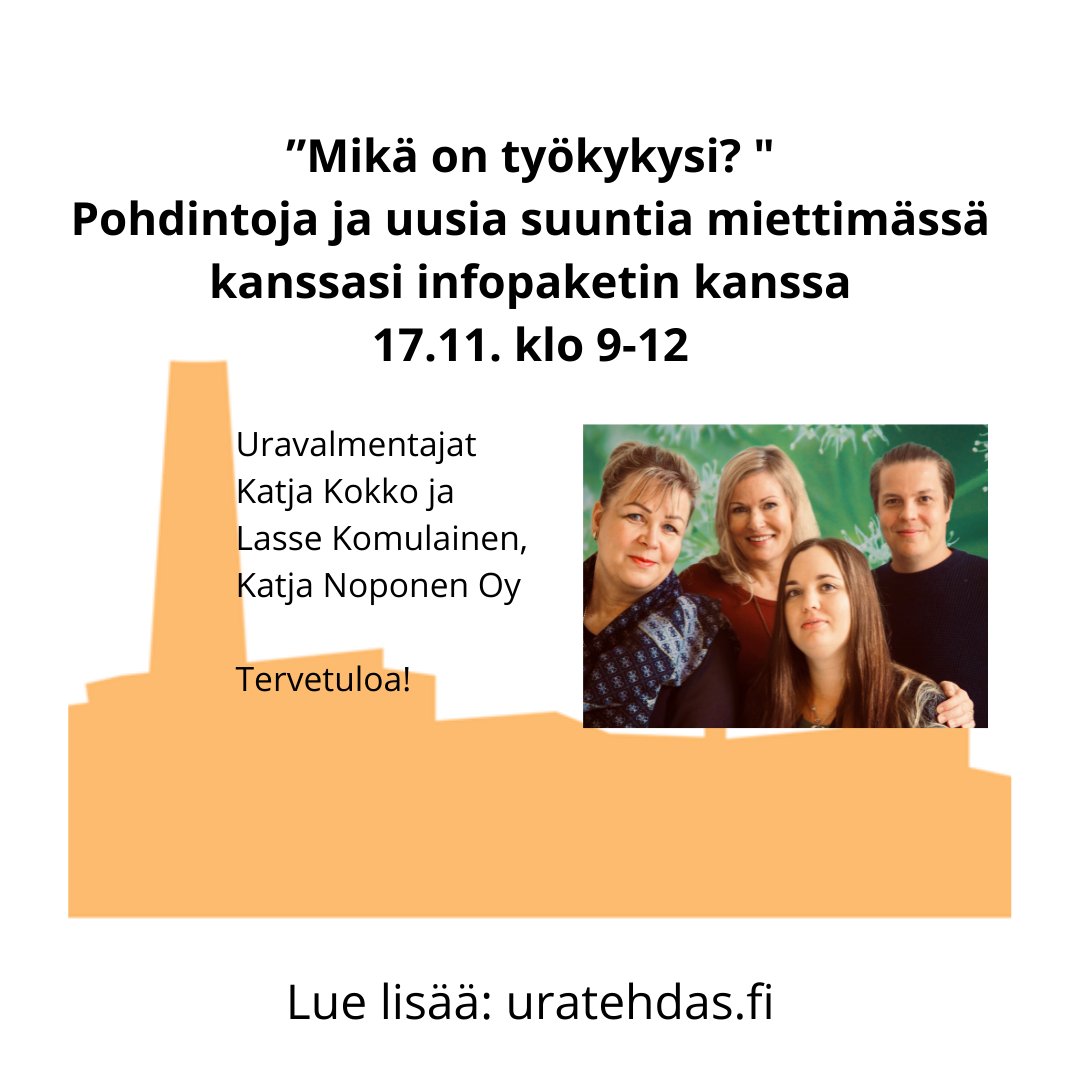Uratehdas's tweet photo. ”Mikä on työkykysi?” -tapahtuma Uratehtaalla! 17.11. klo 9 / Katja Noponen Oy 

Tietopaketti työkykyasioista ja ammatillisesta kuntoutuksesta!

Ilmoittaudu: https://t.co/Quu1CNYNou

#uratehdas #uraohjaus #työnhaunsparraus #työnhaku #korkeastikoulutetut #tampere #pirkanmaa https://t.co/zHEzjI9qz1