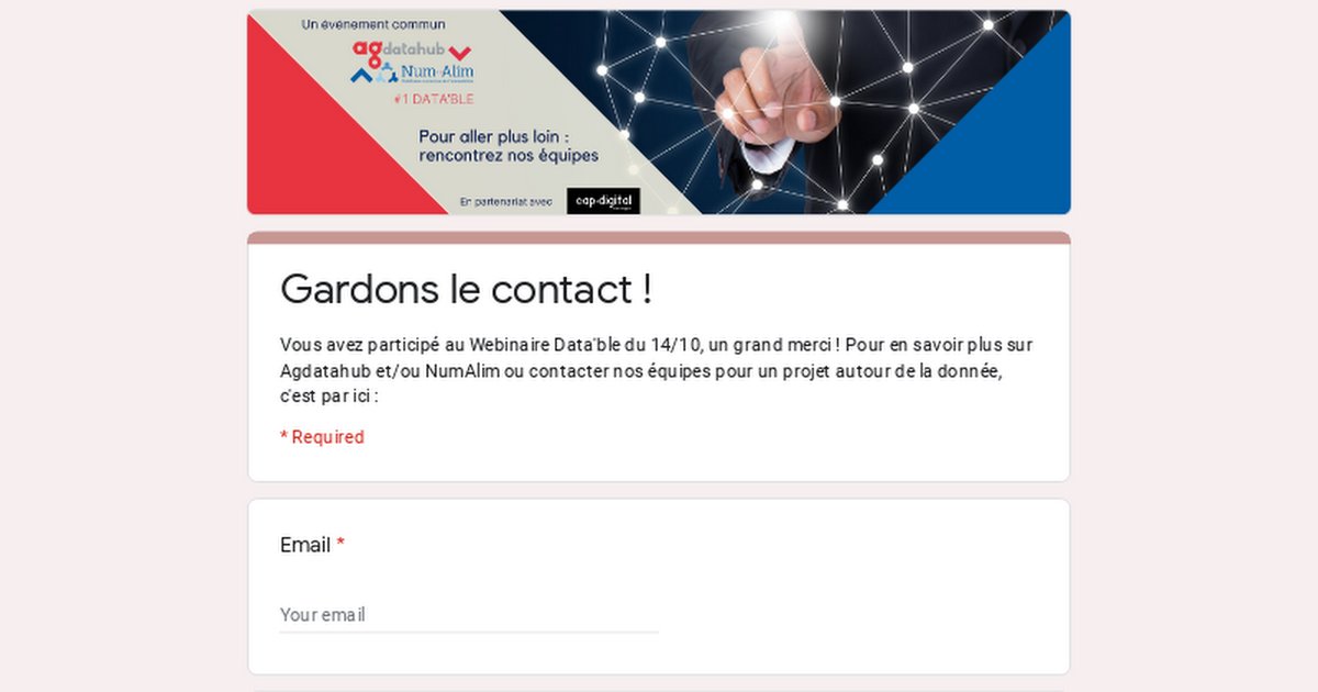 Data agri &amp; agro : dans la foulée de notre événement #Data_ble, avec <a href="/Num_Alim/">NumAlim</a>, nous vous proposons de nous écrire pour parler de vos projets data.
#DataExchange <a href="/FermeDigitale/">La Ferme Digitale</a> docs.google.com/forms/d/e/1FAI…