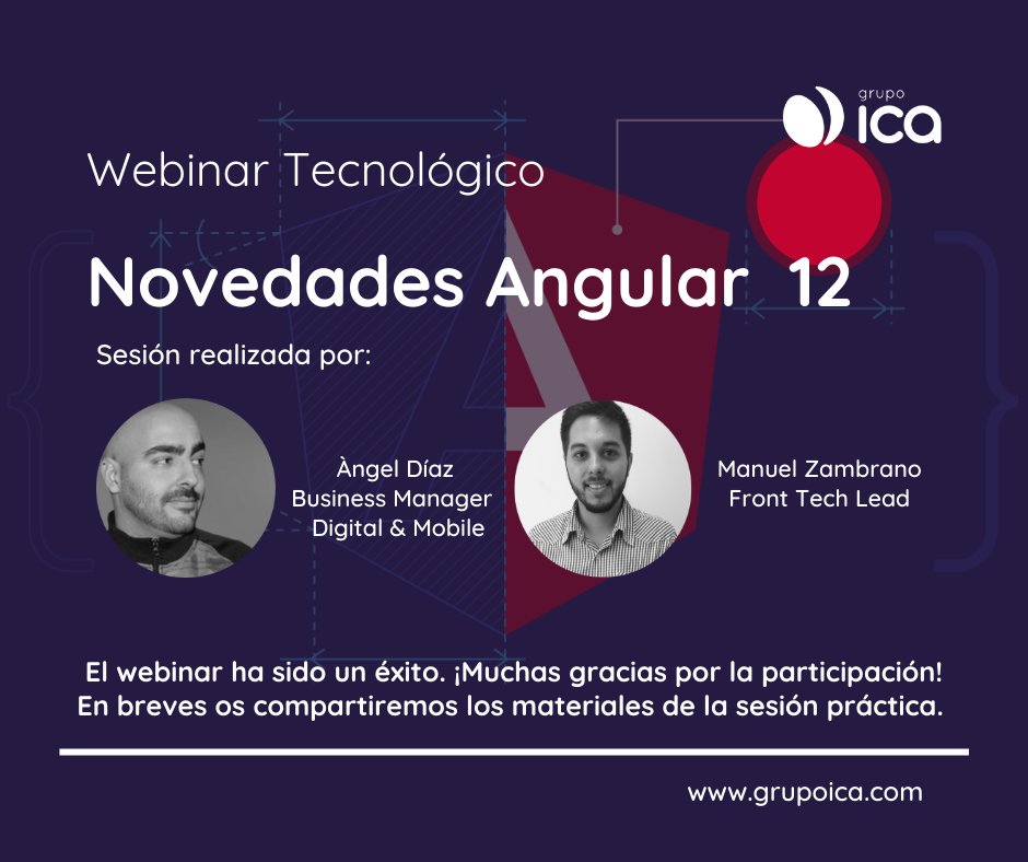 icaliasolutions's tweet image. 📣Hace unos días llevamos a cabo el último #WebinarTecnológico. ¡Y la sesión fue todo un éxito!
Nuestros expertos nos trajeron un detalle de las nuevas funcionalidades destacadas en la última versión de #Angular12.
¿Te lo perdiste? ¡Contáctanos!📩