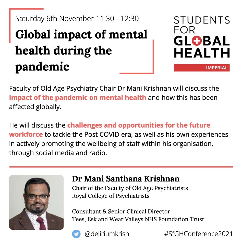 new_ic_sfgh's tweet photo. Another #SfGHConference2021 talk highlight for Saturday morning!

Looking forward to be joined by Dr Mani Krishnan, @rcpsychOldAge Chair &amp; consultant @TEWV to speak about COVID's impact on global #MentalHealth &amp; opportunities to address it.

@deliriumkrish @MadeinHEENE @WeAreSfGH https://t.co/GVxJR6tN88
