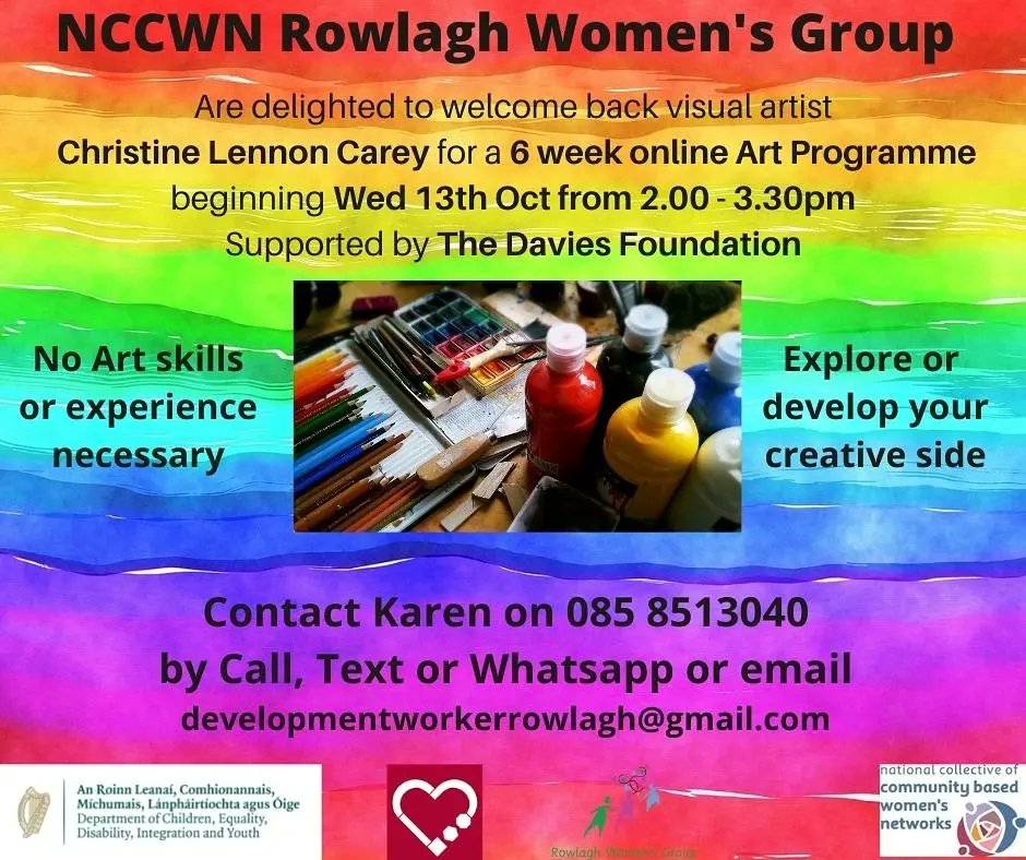 Good Morning. Hope you are well. 1 place has become available on our Wed afternoon Art &amp; Craft Class with Christine Carey (art pack supplied). The classes are every Wednesday from 2 to 3.30pm on zoom with thanks to <a href="/DaviesFdn/">The Davies Foundation</a>

Message us asap if you'd like to join 🎨🍂🖼 #nccwn