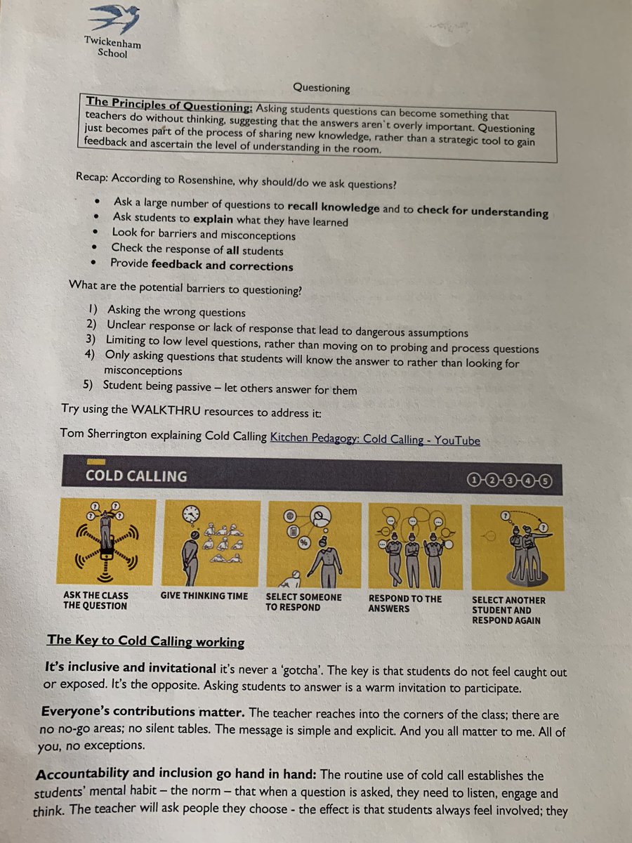 SarahElliottTS's tweet photo. Out focus for this term is using effective Questioning techniques. Using the brilliant Walkthru strategies by @teacherhead and @olicav to guide our practice. @TwickSch @Assal_HT https://t.co/Kmdndu3YM7