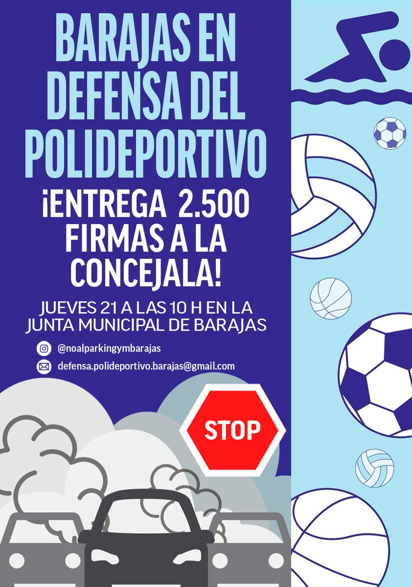 La Plataforma en Defensa del Polideportivo de Barajas entregará, a la concejala del distrito, 2.500 firmas de vecinos del distrito en contra del actual proyecto del futuro Polideportivo de la calle Mistral.
#barajas #distritobarajas