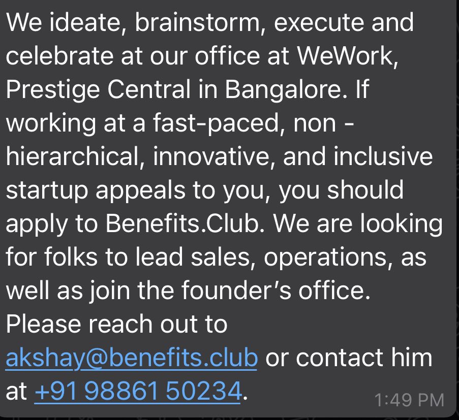 🚨benefits.club (hottest new fintech) is hiring for sales, operations and founders office.🚨 

Can personally vouch for the team and how great their WeWork office is. DM me if you want more details or reach out to <a href="/AR_Shah/">Akshay Shah</a> directly!