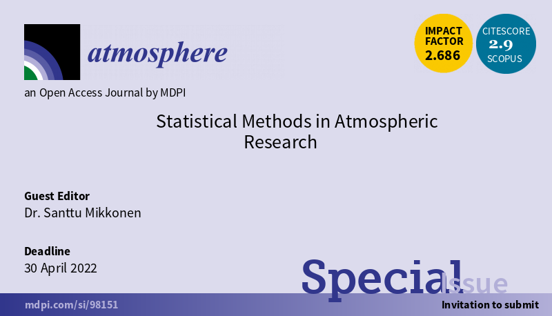 Atmosphere_MDPI's tweet image. 📢Open for Submission! #Special_Issue of #Atmosphere &quot;Statistical Methods in Atmospheric Research&quot;, guest edited by Dr. Santtu Mikkonen.
Learn more at: mdpi.com/journal/atmosp…

#statistical_methods
#data_analysis
#aerosols
#air_pollution
#atmospheric_measurements